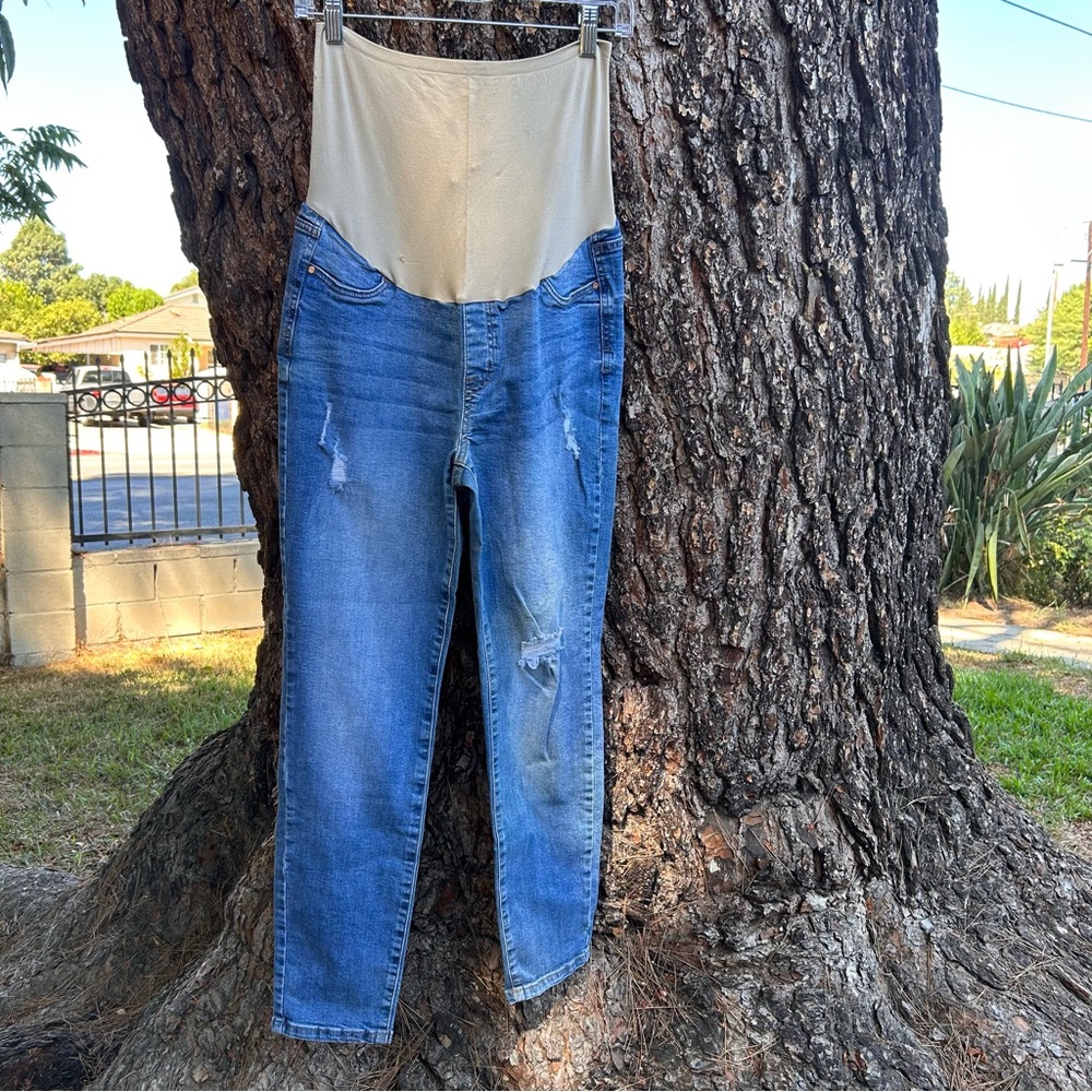 Maternity Blue C-Pink Jeans with Cream Waistband Sz:Large